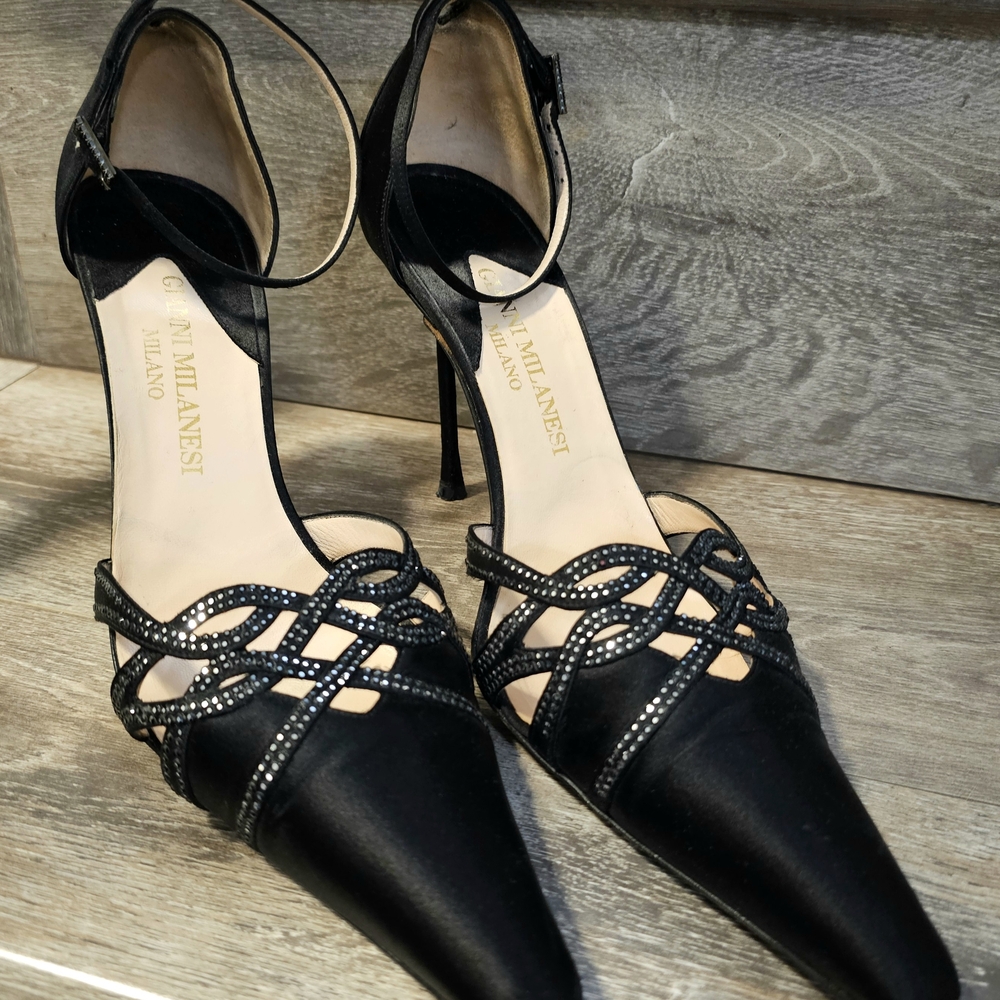 Gianni Milanesi Milano Black Sstin Ankle Strap Heels W Rhinestone Size 9.5